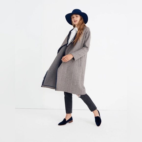 Madewell Fringed Herringbone Robe Coat Large XL gray navy wool blend open light - Picture 5 of 16